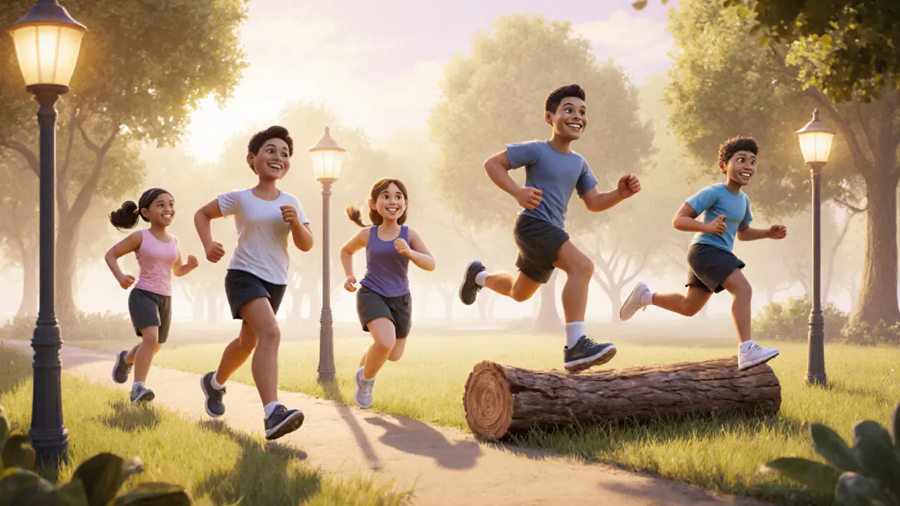 Три бегуна разных уровней в парке: один идет, второй бежит с ускорениями, третий прыгает через бревно.