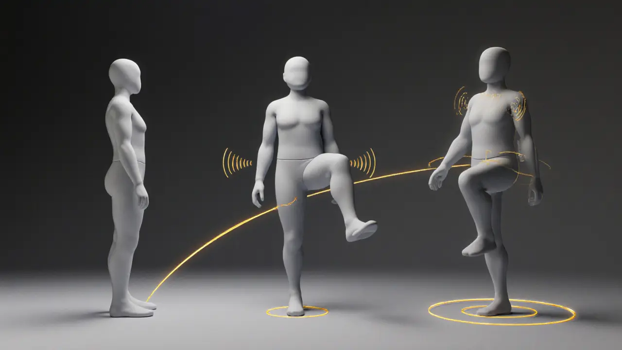 Три стадии выполнения упражнения: согнутая нога, поднятая под 90 градусов и полная версия с обеими ногами в воздухе.
