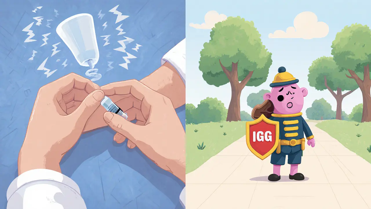 Врач делает укол, а иммунная клетка меняет поведение от паники к спокойствию.