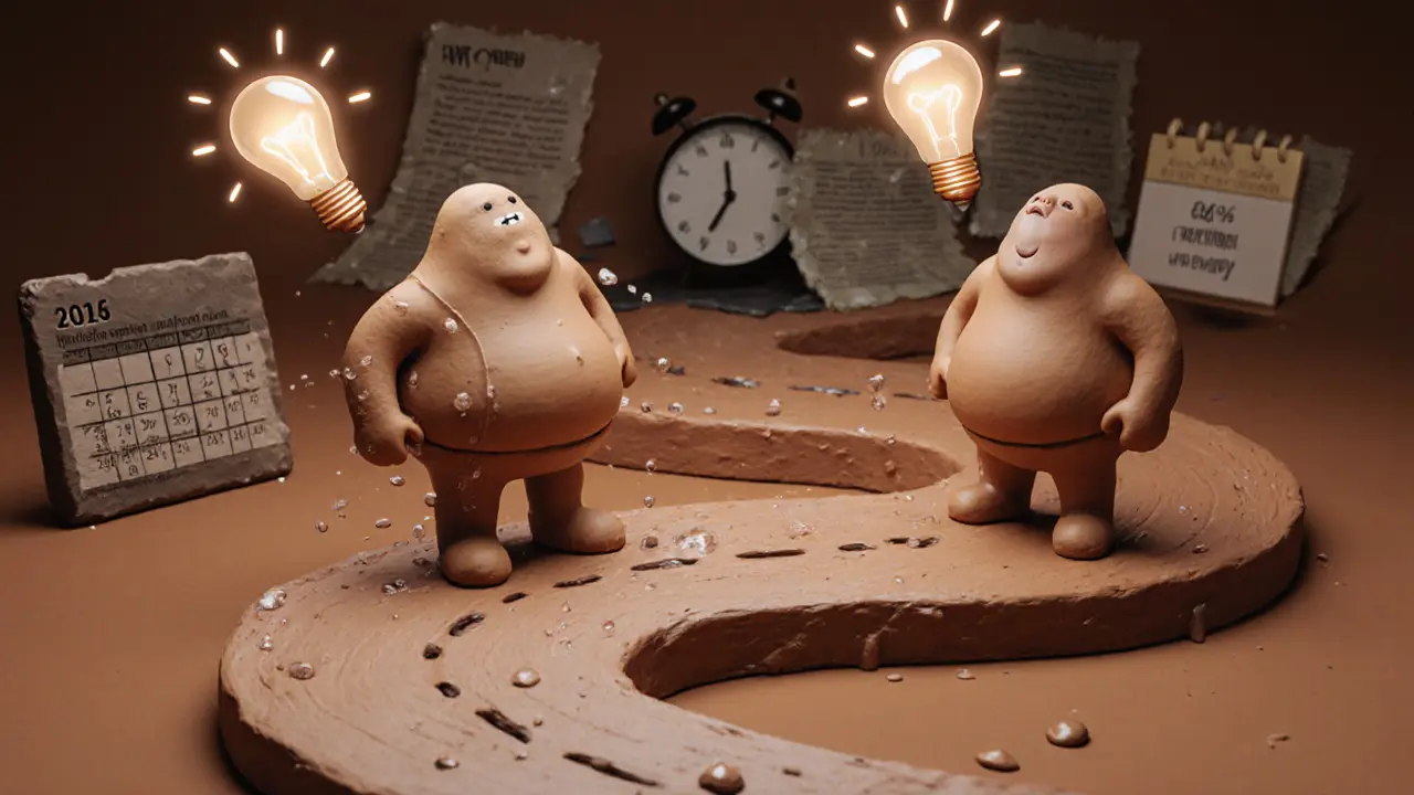 Два человека теряют вес за год: один быстро, другой медленно, с графиком и признаками возврата веса.