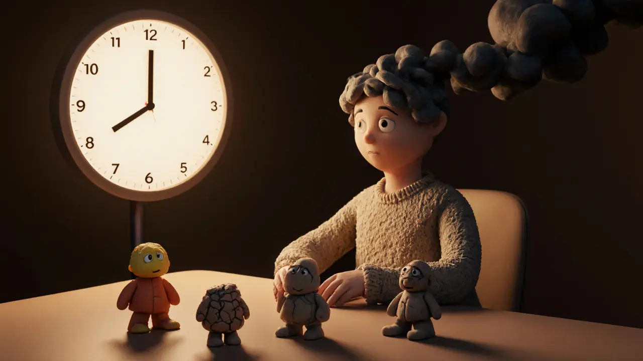 Люди с иммунной системой, стареющей за три месяца стресса, в стиле пластилина с тёмными потоками кортизола.