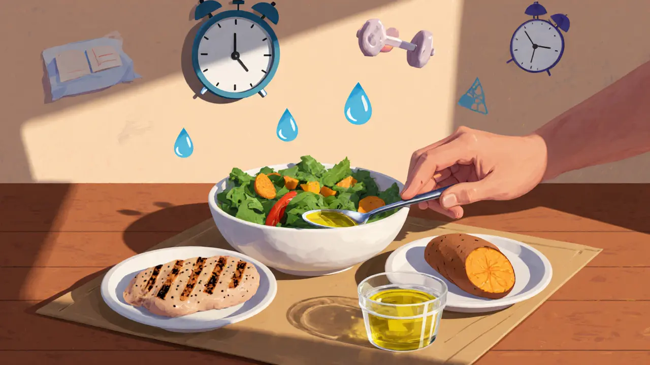 Сбалансированный приём пищи с овощами, белком и здоровыми жирами — устойчивый путь к фитнесу без диет.