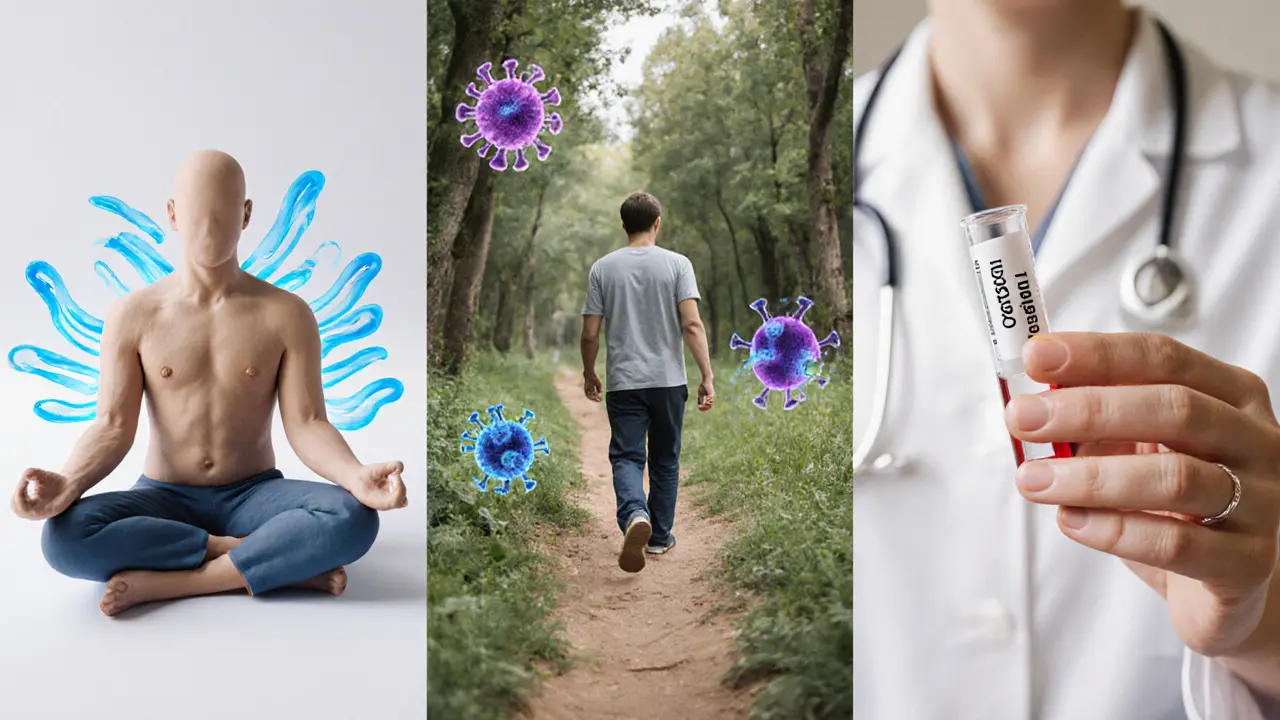 Три сцены восстановления: медитация, прогулка и анализ кортизола, изображённые в стиле пластилина.