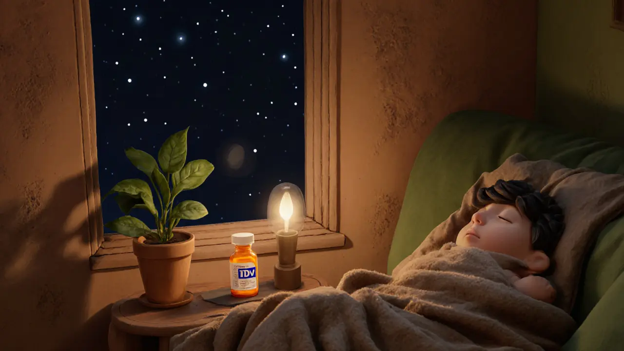 Человек на диване с растением и бутылкой витамина D, уютная зимняя обстановка с мягким светом.