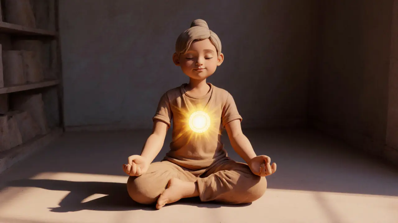 Человек после практики Сурья Намаскар, с закрытыми глазами, окутанный мягким светом.