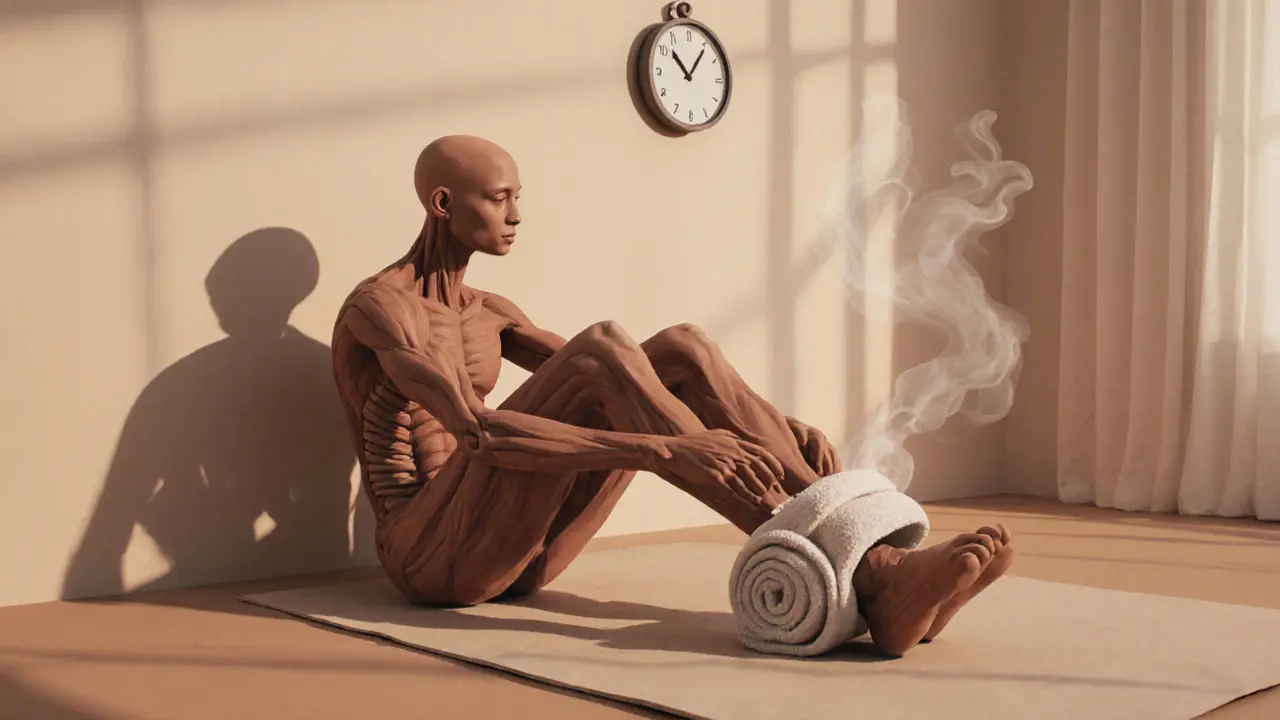 Человек сидит на полу, вытянув ноги, тянет полотенце, чтобы растянуть мышцы бедра с прямой спиной.