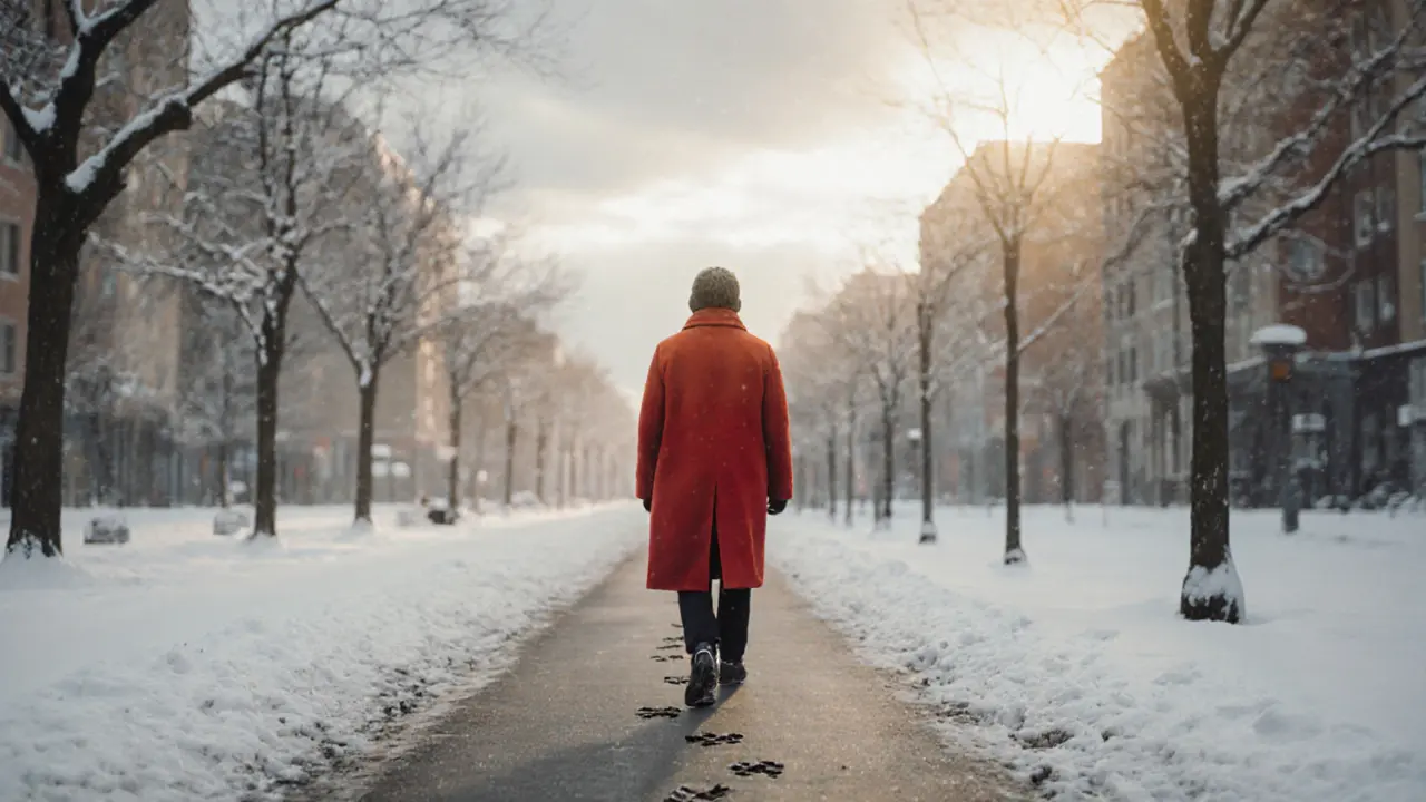 Человек в красном пальто гуляет по зимнему городу, смотрит в небо, сквозь тучи пробивается свет.