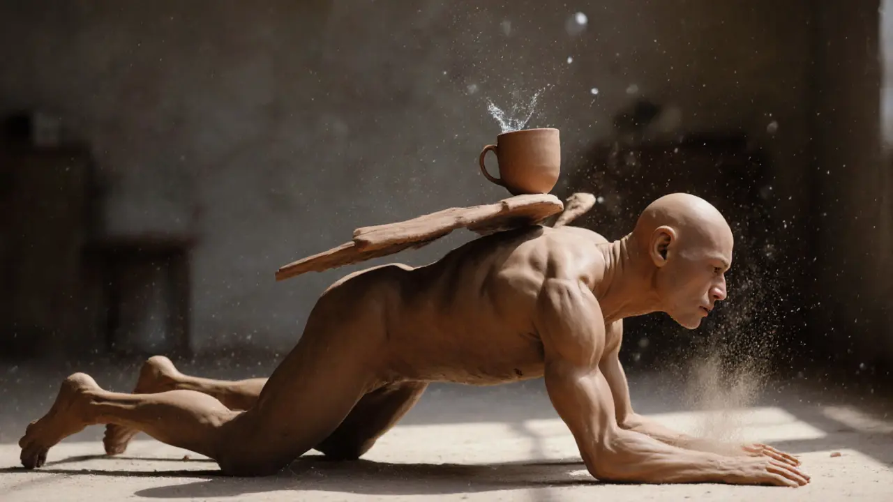 Человек в позе «птица-собака» с чашкой воды на спине, символизирующей стабильность.