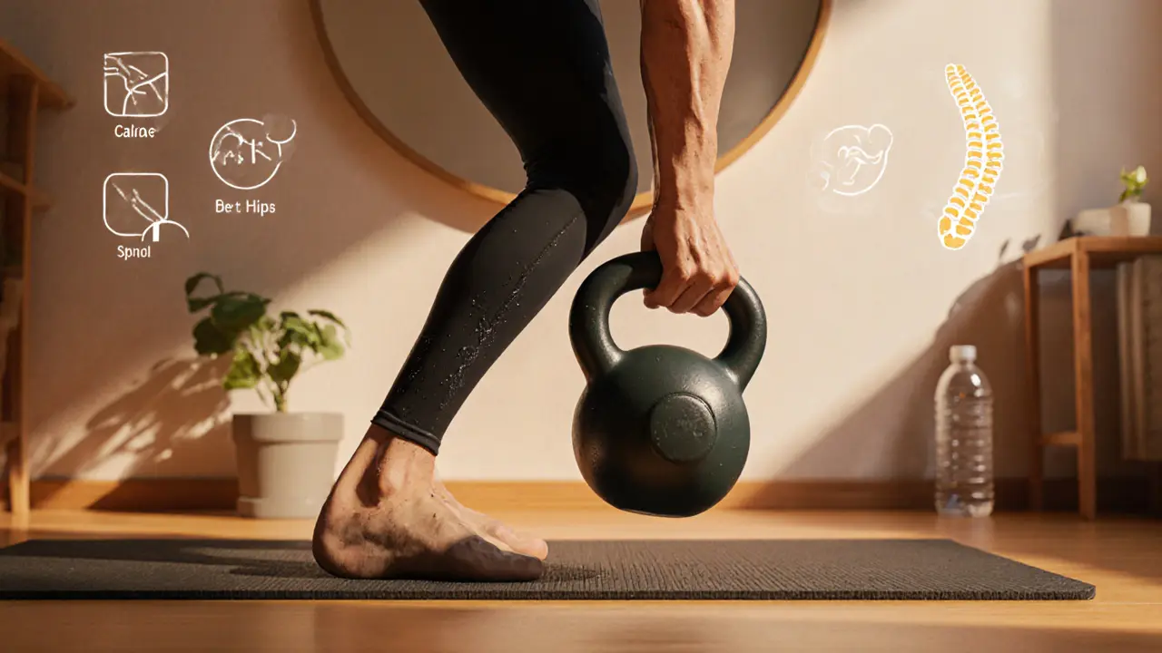 Человек выполняет мах гирей в домашних условиях, виден правильный стиль движения и мягкий свет, подчеркивающий усилие.