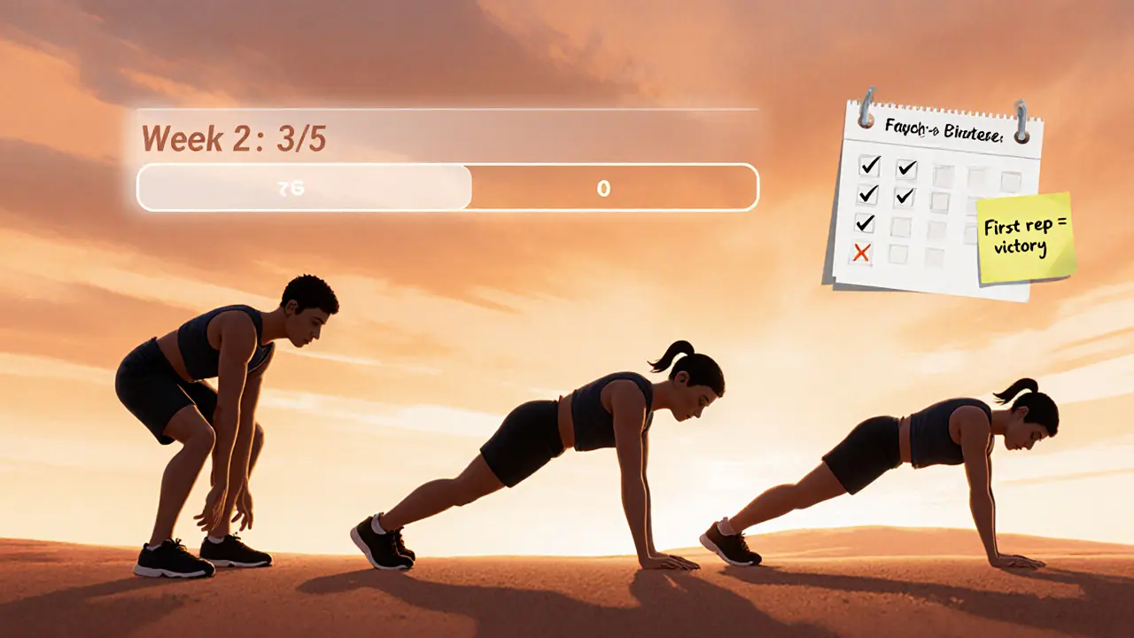 Человек выполняет модифицированный бёрпи с коленями на полу, без прыжка, с прогресс-баром над головой.