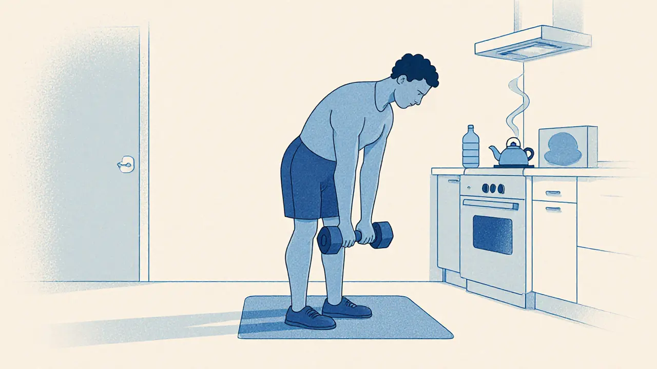 Человек выполняет тягу гантелей в наклоне на кухне.