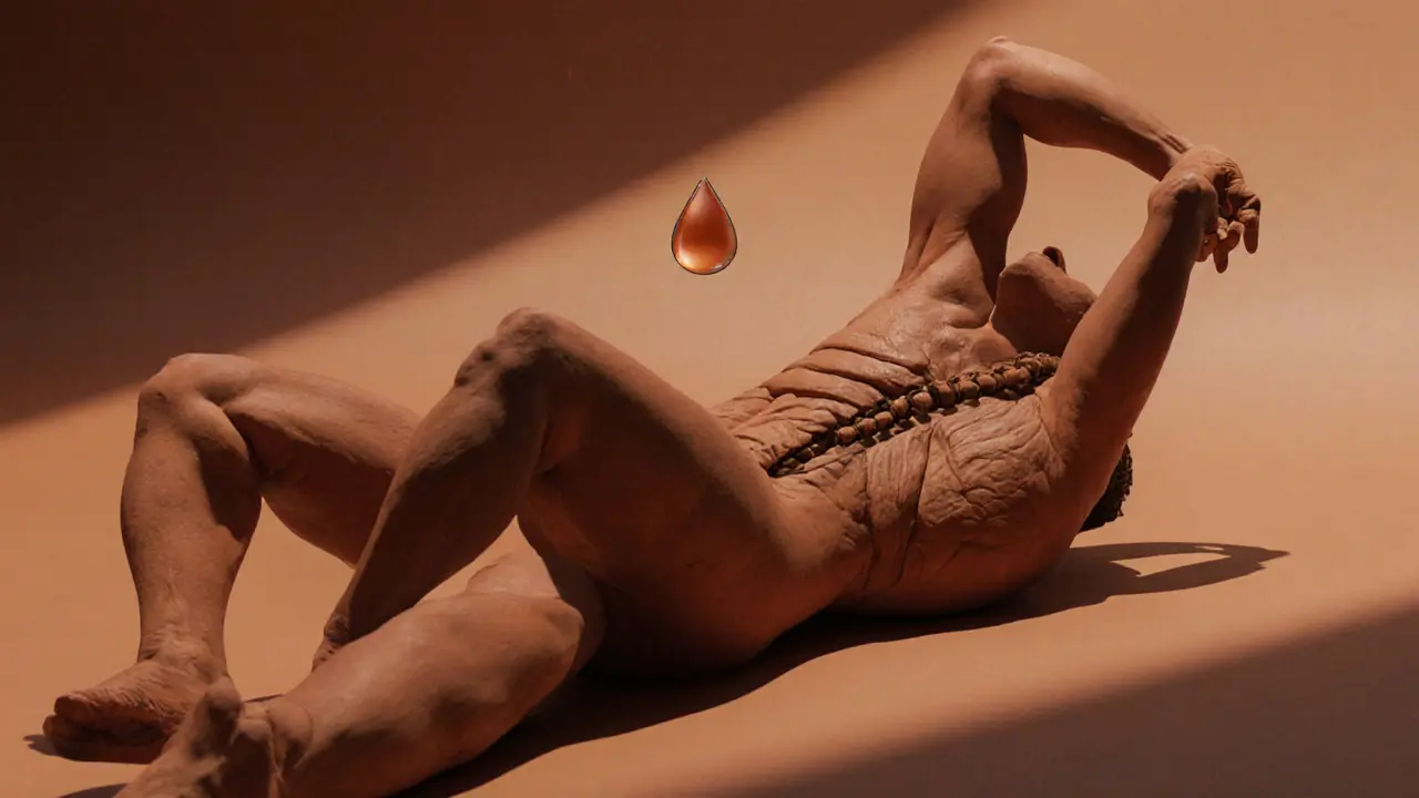 Человек выполняет упражнение «мёртвый жук» с поясницей, прижатой к полу.