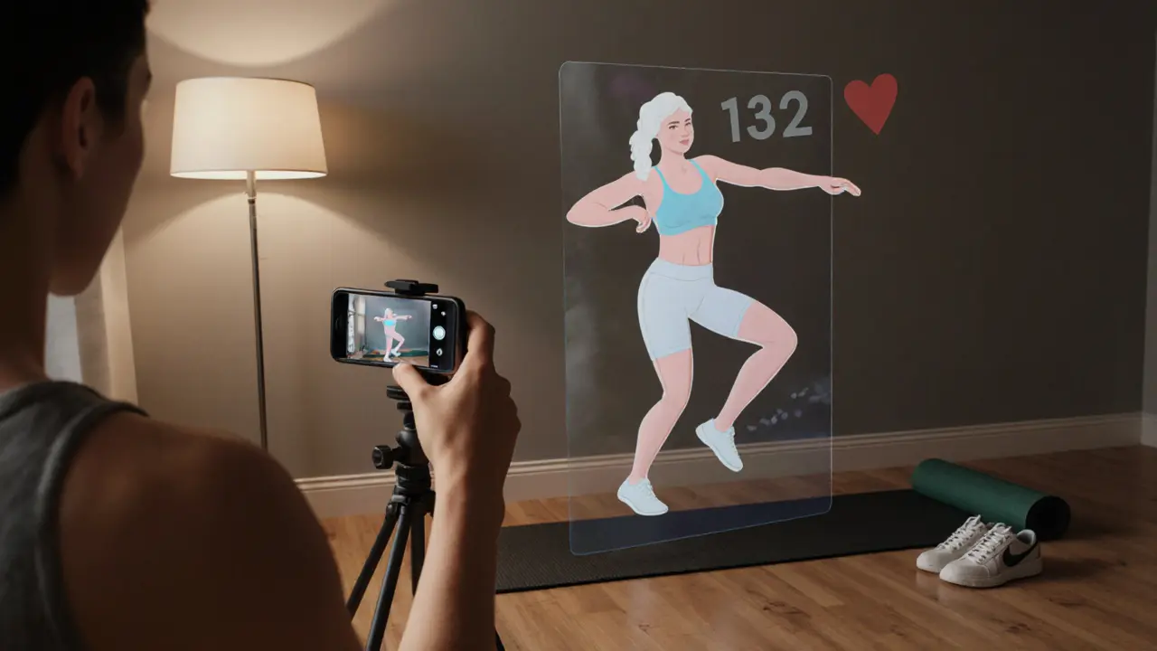 Человек записывает себя на видео, рядом прозрачная тень инструктора, на экране пульс 132 ударов в минуту.