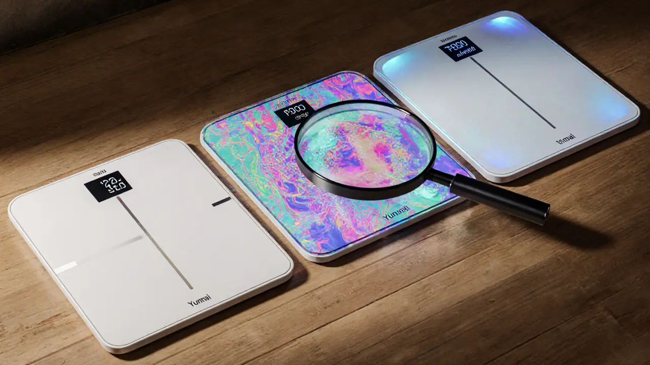 Четыре модели умных весов на деревянном полу с разными цветами данных и точностью.