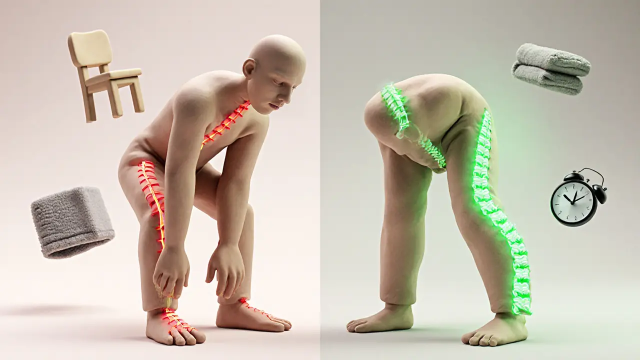 Два человека: один с неправильной техникой, другой — с правильной, показывающие разницу в растяжке бедра.