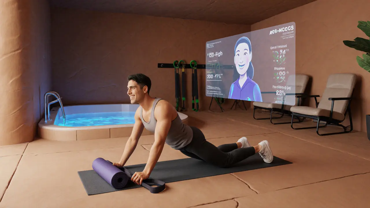 Гость в отеле растягивается в зоне восстановления, рядом — голографический тренер и оборудование для восстановления.