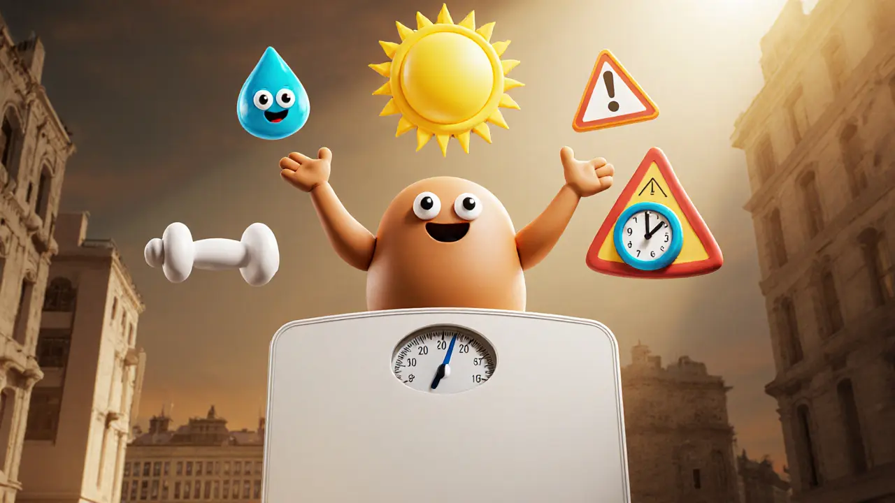 Недельный график прогресса в виде живой глиняной фигуры с символами правильного взвешивания.