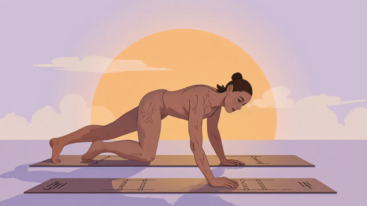 Новичок медленно переходит в планку, колени согнуты, руки на голенях.