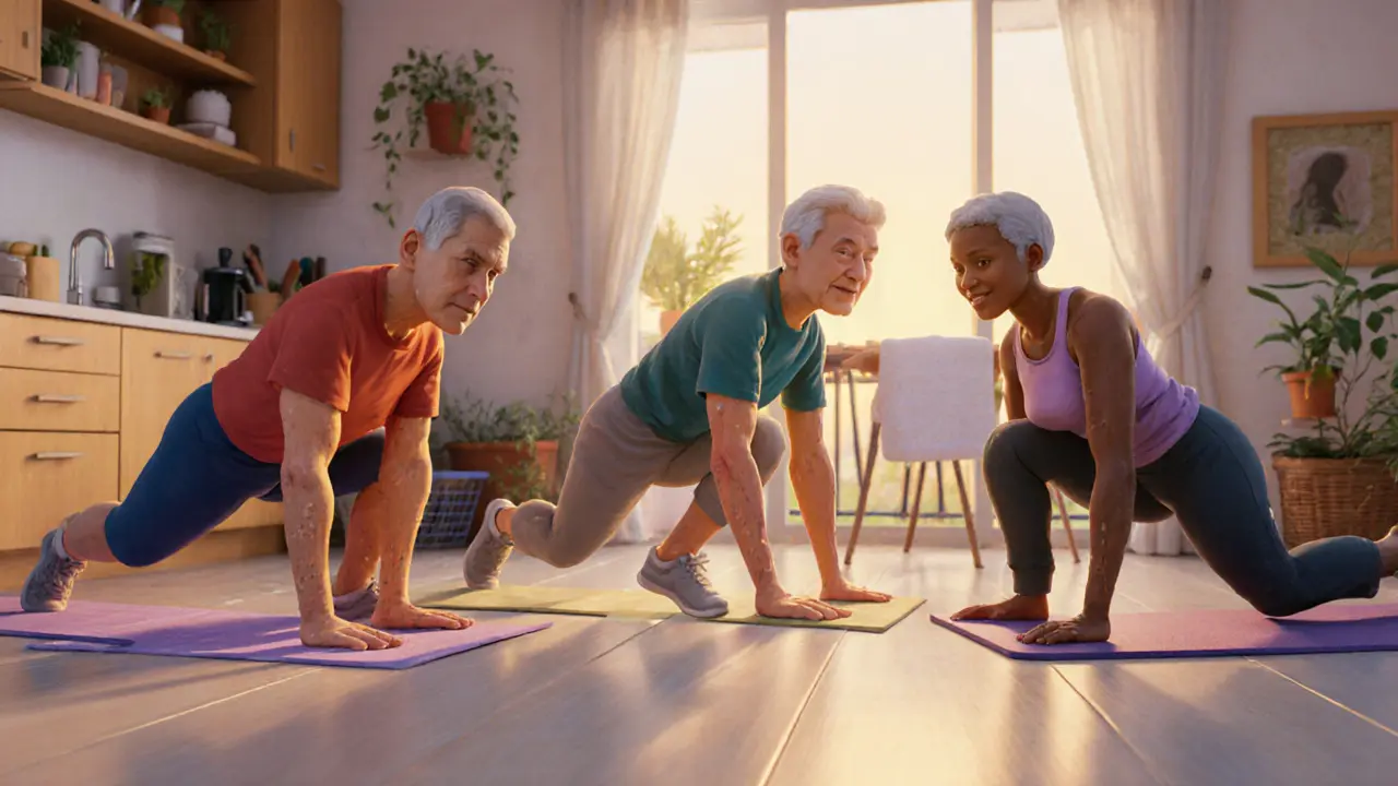 Разные люди дома выполняют щадящие упражнения без прыжков в расслабленной обстановке.