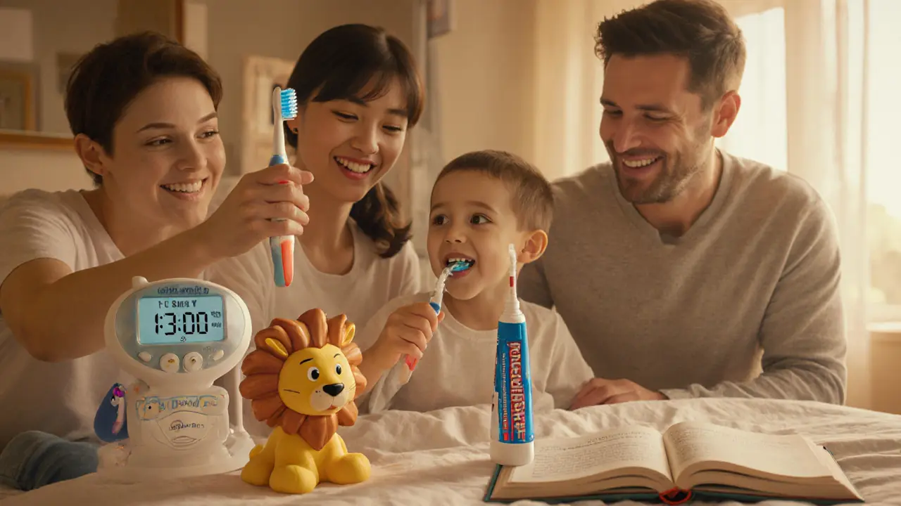 Семья чистит зубы вместе с детьми, используя игровую щетку и таймер.