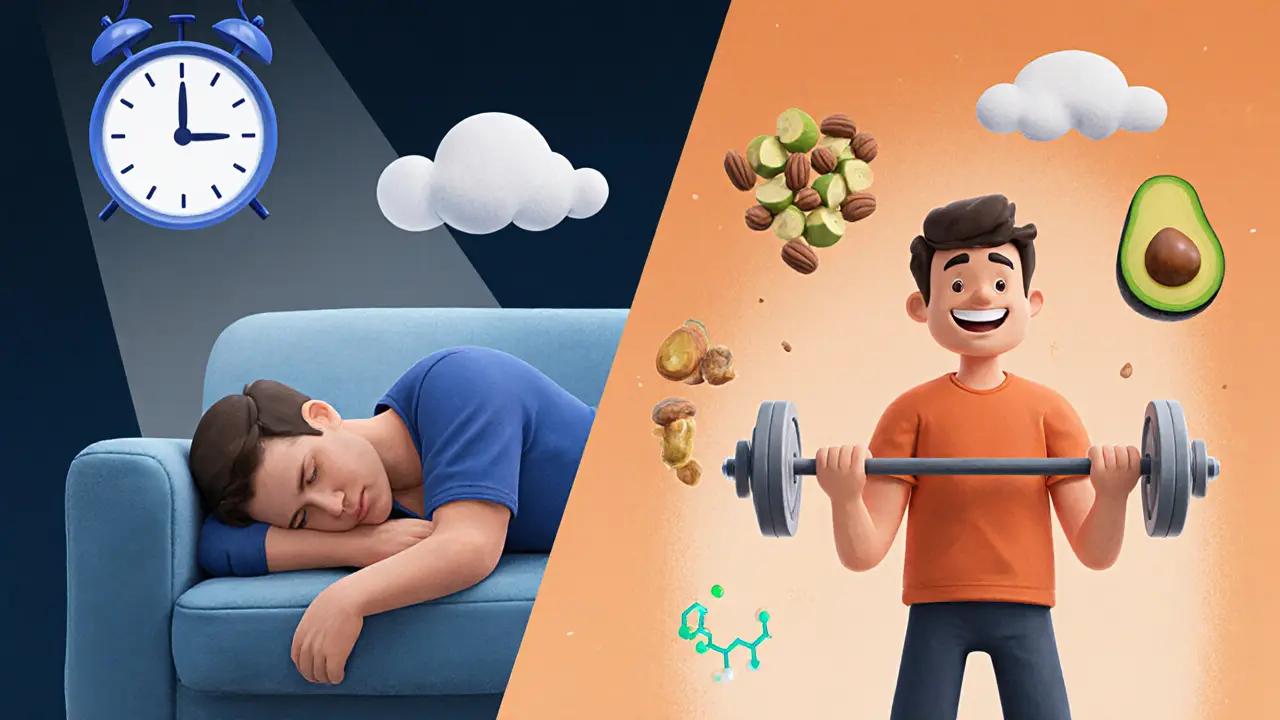 Сравнение двух состояний мужчины: усталый на диване и сильный при подъеме штанги, с символами сна и питания.