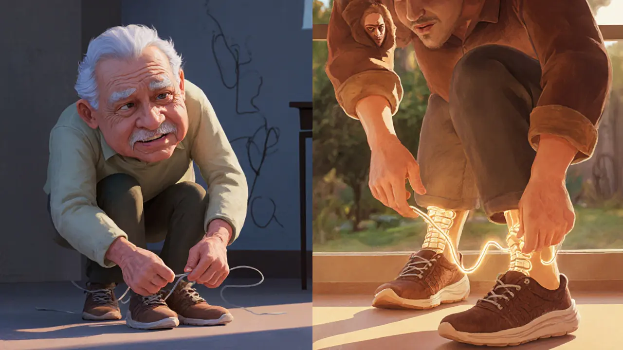 Сравнение: раньше — трудно надеть обувь, теперь — легко и свободно.