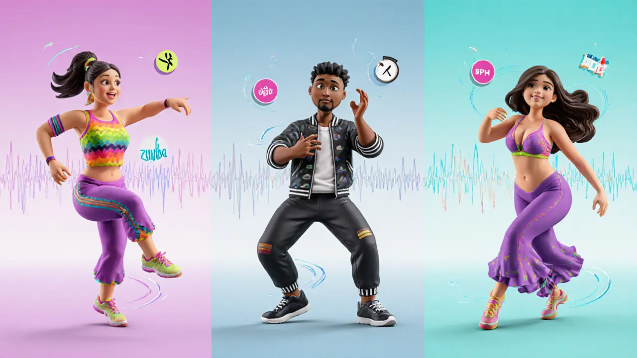 Три стиля танцевального кардио: зумба, хип-хоп и беллиданс, каждый с уникальными движениями и калорийными иконками.