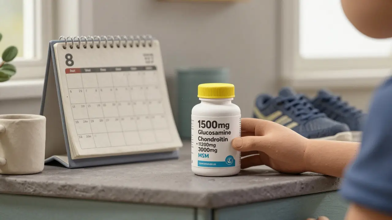 Человек читает этикетку добавки с глюкозамином, хондроитином и МСМ на кухонном столе с календарем.