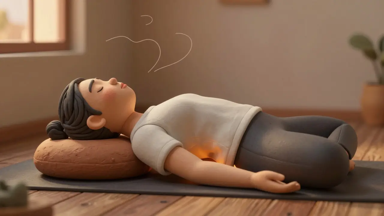 Человек лежит на спине с согнутыми коленями и подушками под бедрами, руки расслаблены.