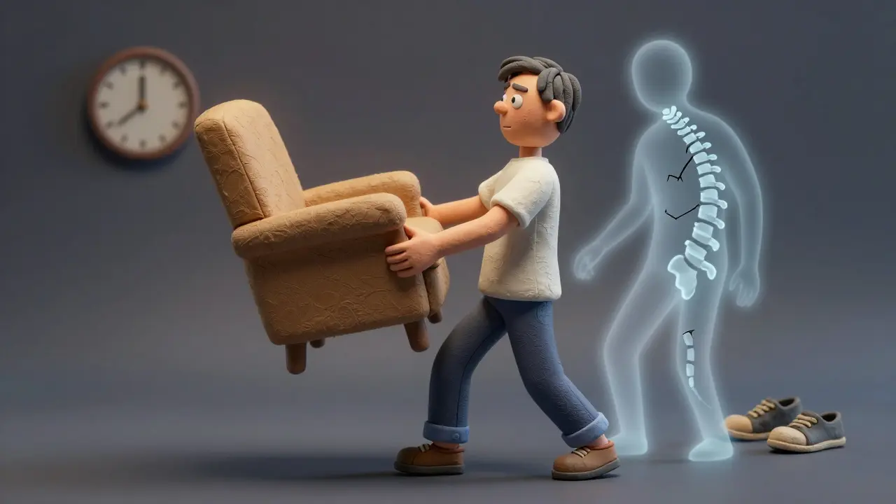 Человек поворачивается ногами, держа кресло, избегая скручивания спины.