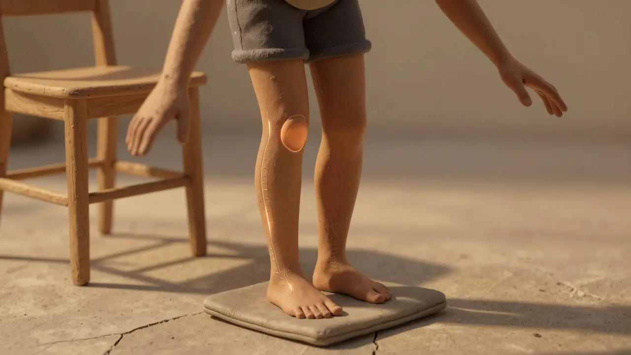 Человек стоит на одной ноге с закрытыми глазами, держится за стул, балансирует на мягкой поверхности.