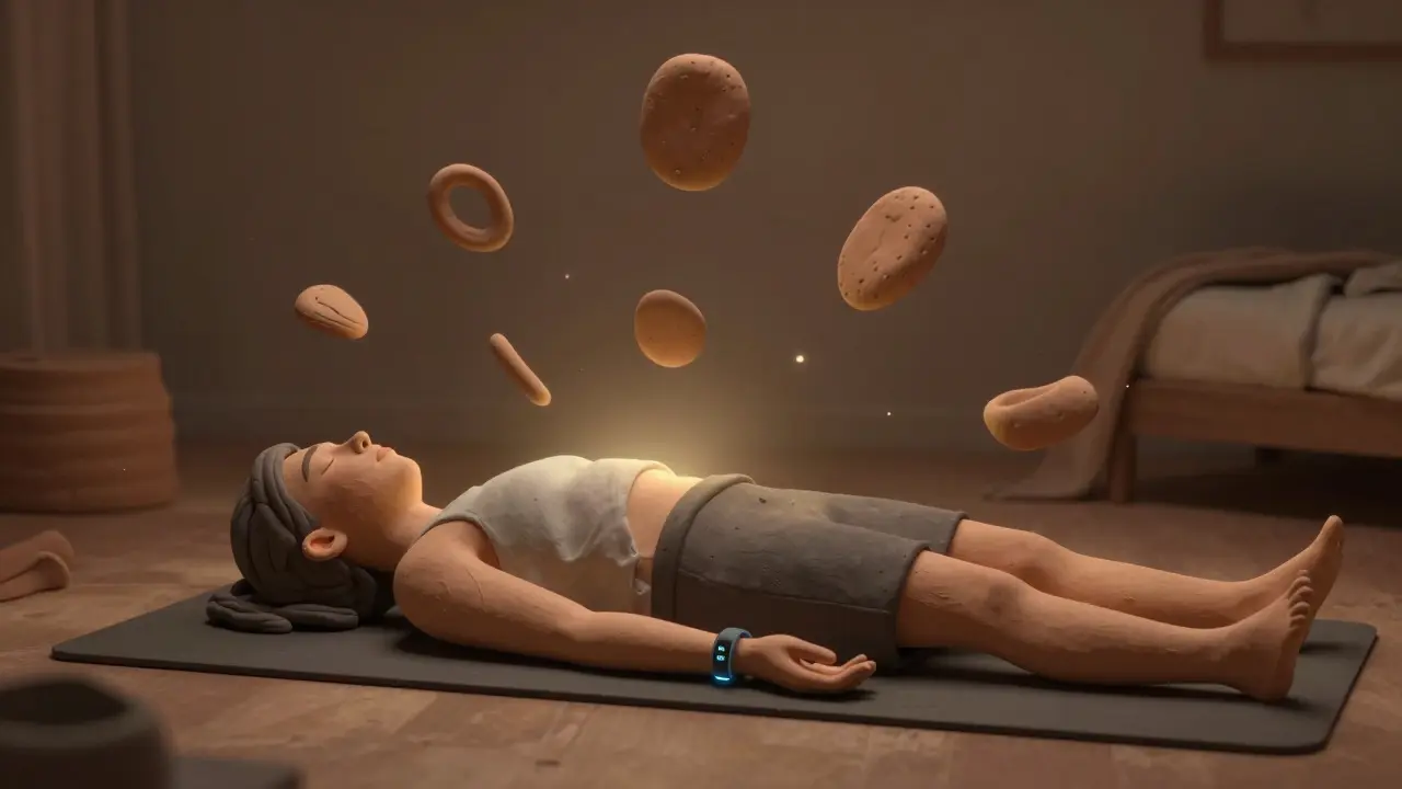 Человек в позе трупа, лежит на спине с закрытыми глазами, из тела исходит спокойствие.