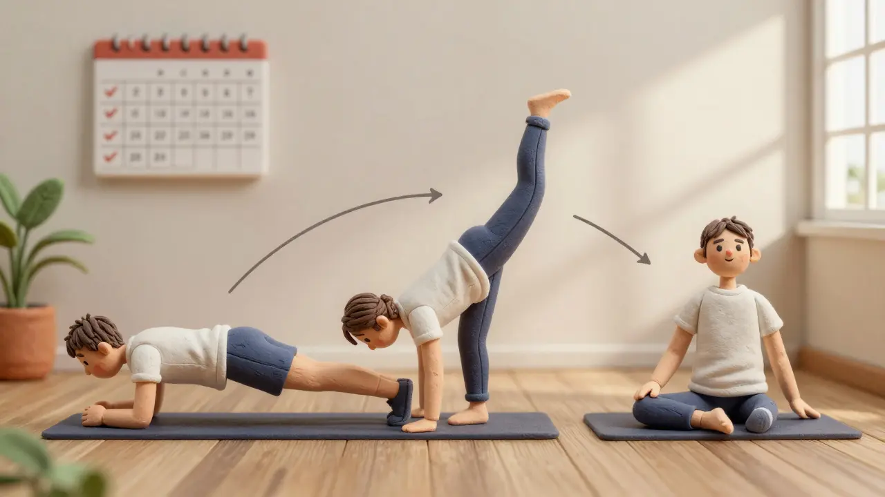 Человек выполняет три упражнения для спины: планку, «муху» и растяжку в домашней обстановке.