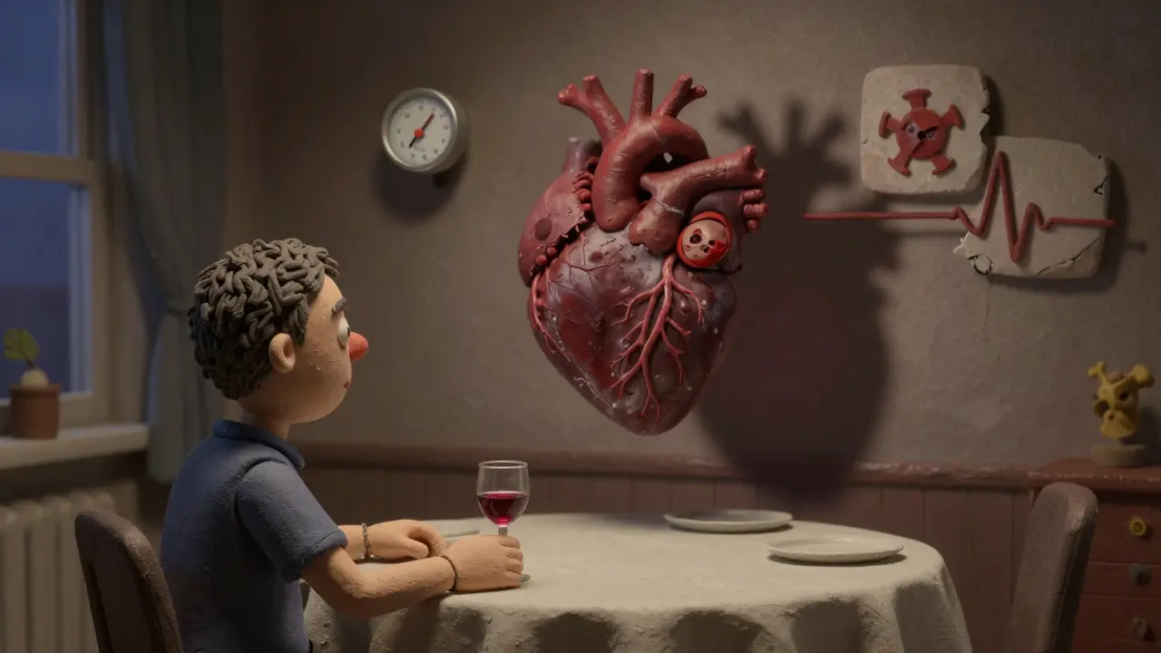 Человек за ужином с бокалом вина, но его тень — разрушающееся сердце с признаками болезни.