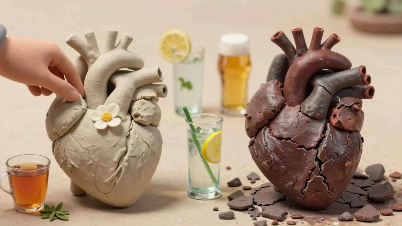 Два сердца из глины: здоровое и повреждённое, между ними — альтернативные напитки и цветок.