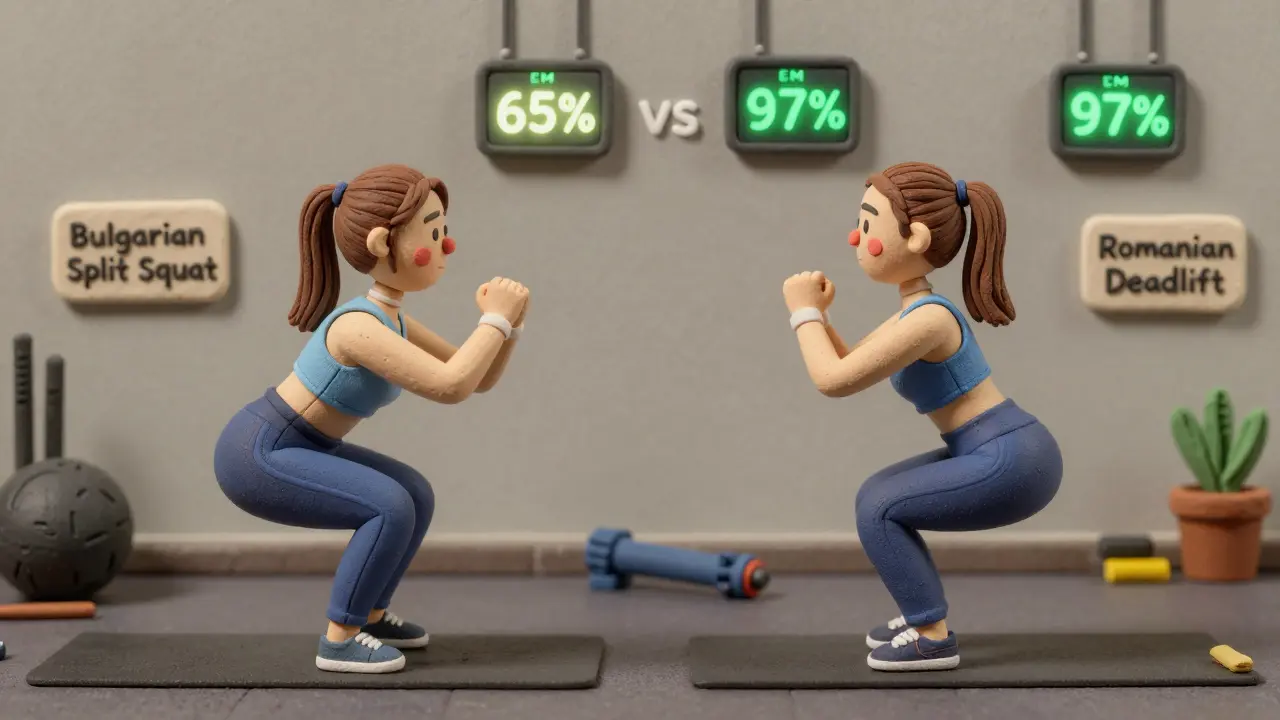 Две женщины делают приседания: одна с правильной техникой, другая — с ошибками, рядом цифры активации мышц.