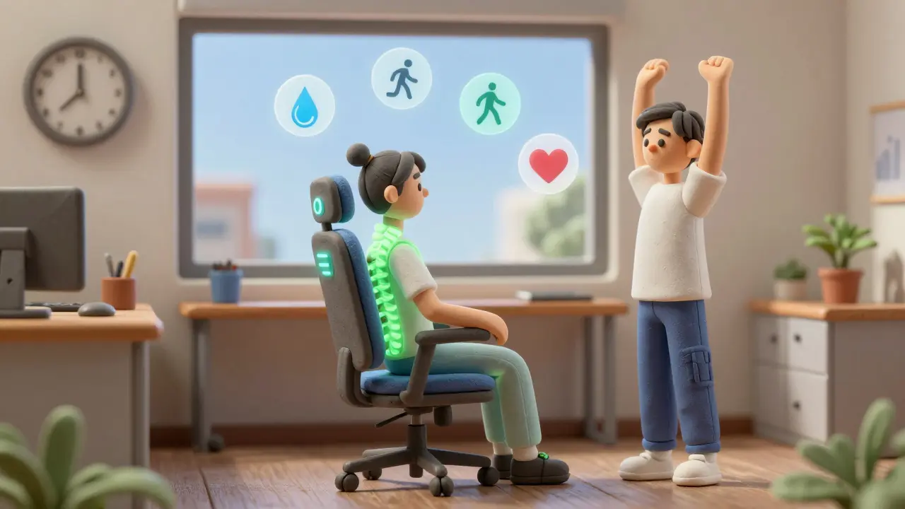 Эргономичный стул с датчиками осанки и человеком, который правильно отдыхает.
