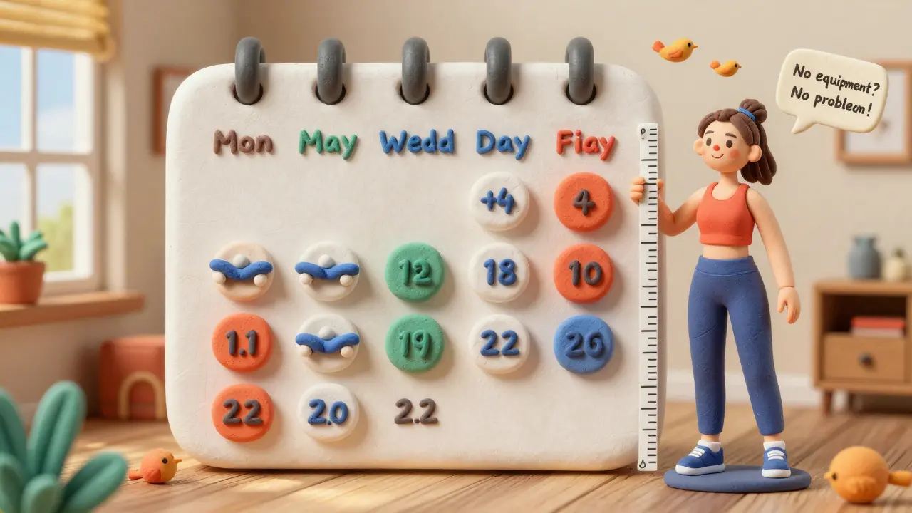 Календарь с домашними тренировками для ягодиц: мостики, выпады и махи ногами, женщина измеряет прогресс.