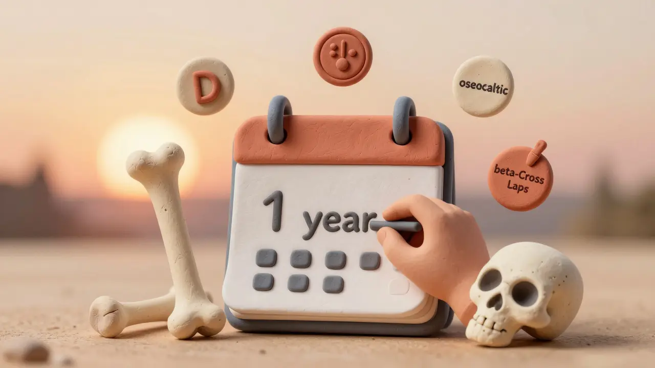 Календарь с пометкой '1 год' и медицинскими маркерами рядом с двумя костями: здоровой и разрушенной.