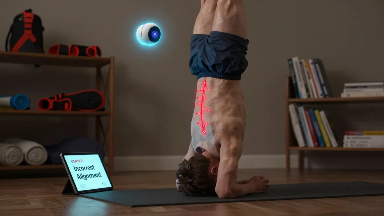 Молодой человек делает стойку на голове без поддержки, над ним светится предупреждение ИИ.