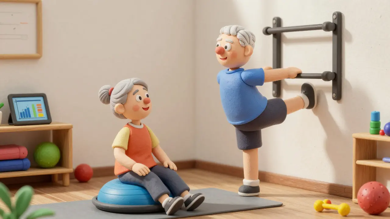 Пожилая пара занимается балансом дома, используя подушку и опоры.