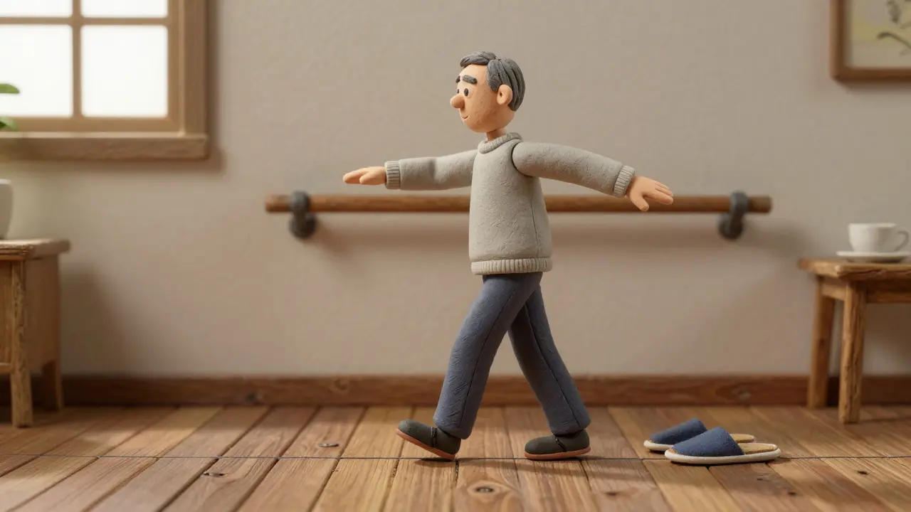 Пожилой мужчина идет по прямой линии, руки вытянуты, для баланса.