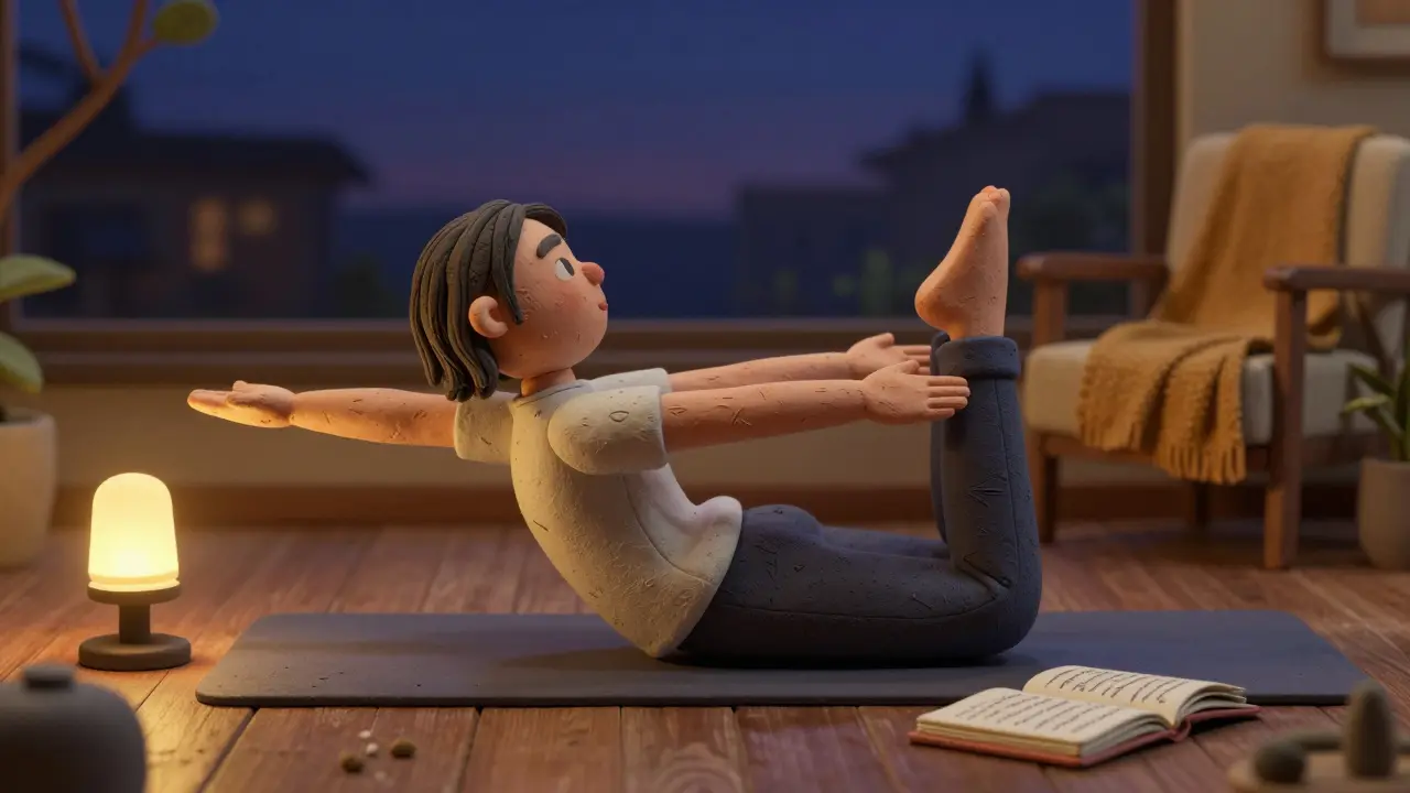 Практикующий в позе Лодки вечером, рядом открыт дневник и тёплый свет лампы.