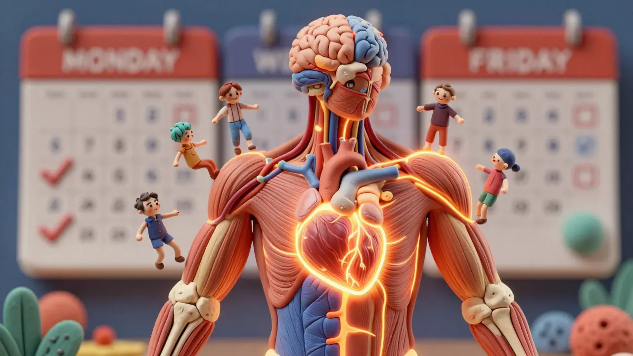 Разрез тела с подсвеченными сердцем, мозгом и мышцами, где гормоны счастья танцуют по сосудам.