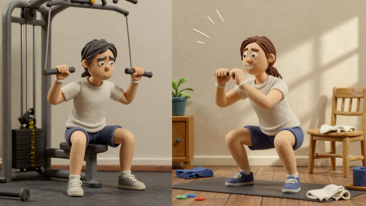 Сравнение: человек в тренажерном зале против того же человека, легко делающего приседание на одной ноге дома.