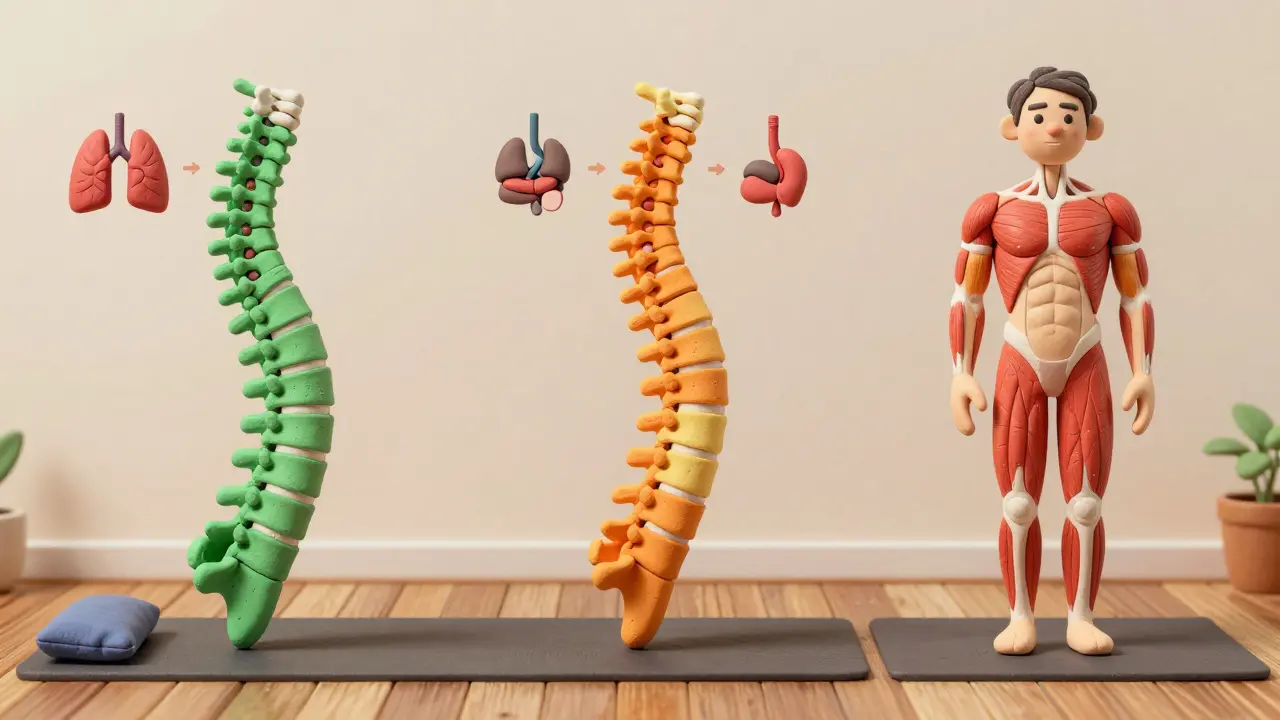 Сравнение нормальной осанки, гиперкифоза и гиперлордоза с цветовой индикацией и символами здоровья.