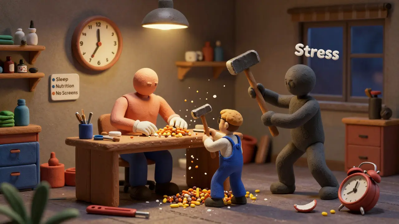 Тело как мастерская: рабочий строит мышцы ночью, а тень пытается их разрушить.