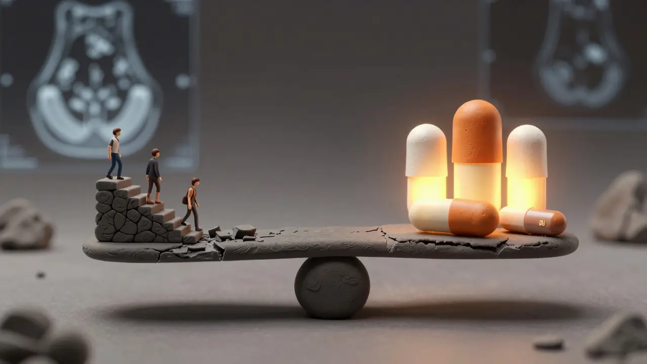 Весы балансируют разрушенный сустав и три добавки, символизируя выбор между деградацией и поддержкой.