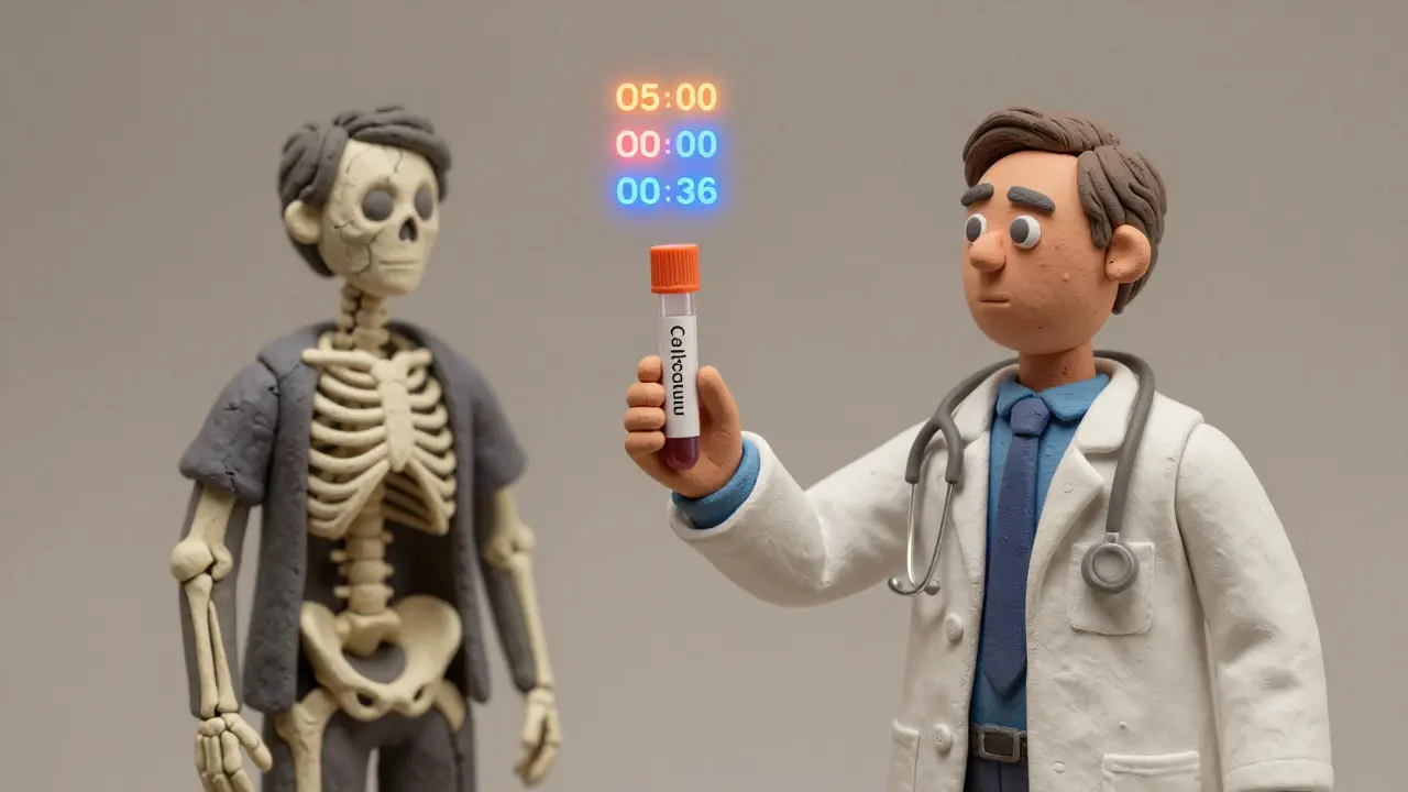 Врач держит пробирку с кровью, рядом с ним видна скрытая треснутая кость.