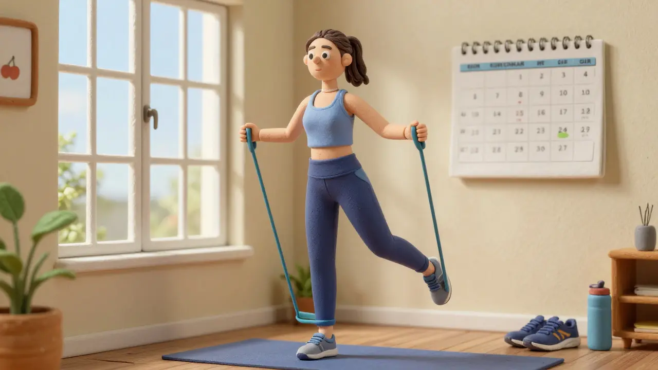 Женщина прыгает с резиновой лентой дома, рядом календарь цикла.